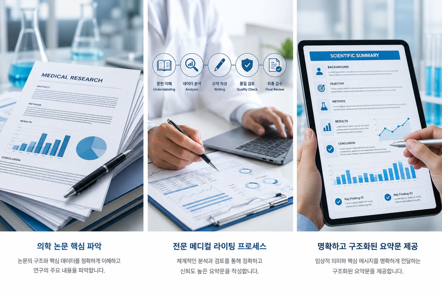 전문 메디컬 라이팅 프로세스로 명하고 구조화된 요약문 제공